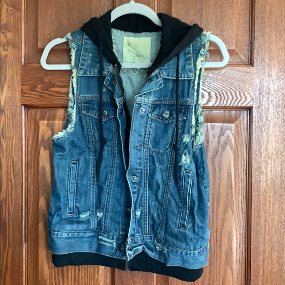 Distressed hooded jean vest